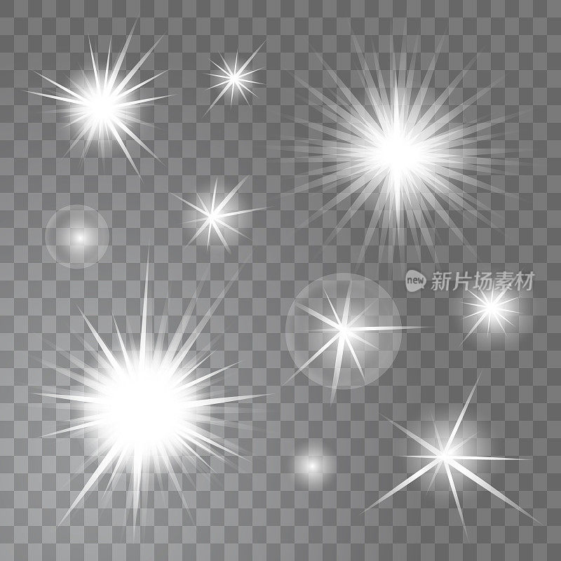 Vector bright glowing light suns and stars burst on transparent background set